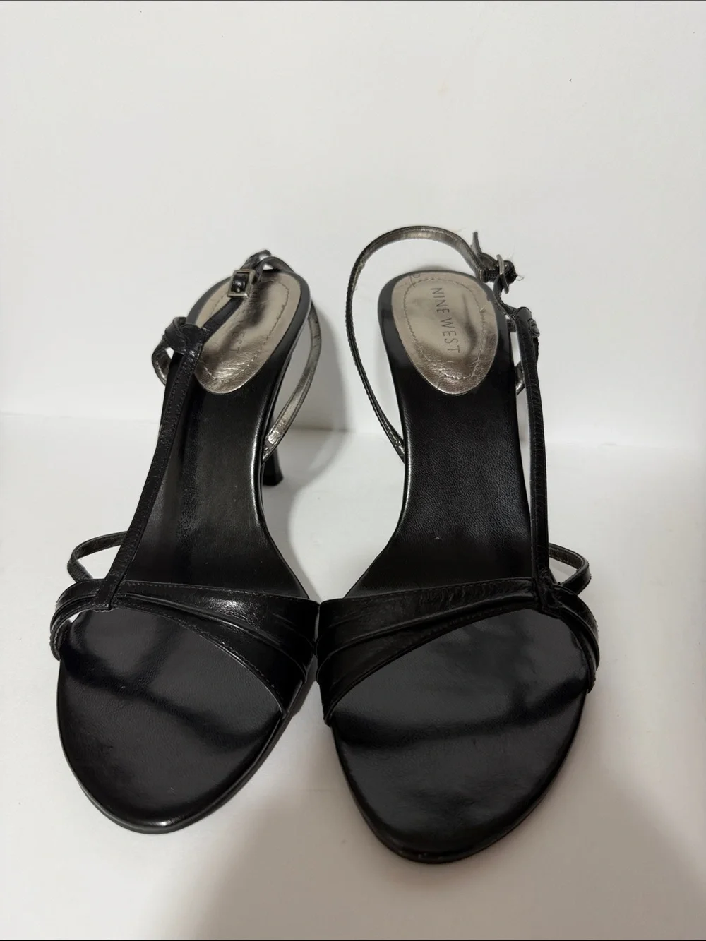 Nine West Black Metallic T-Strap Heeled Sandals